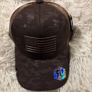 Runs Deep Tactical American Flag Snapback Dark Brown Camo Mesh Back Cap NWT